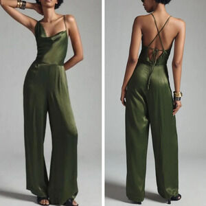 Anthropologie Olive Green Satin Jumpsuit